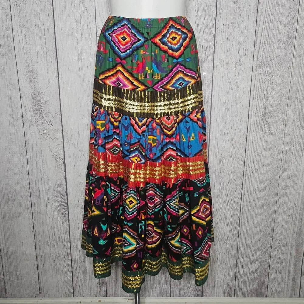VTG 70s 80s Alfredo's Wife Southwest Multicolor Boho Maxi Skirt, sz Medium